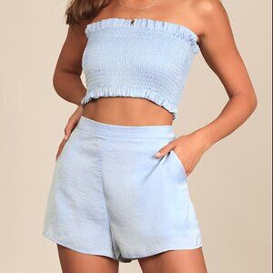 Lulu's Extra Love Dusty Blue Satin High-Waisted Shorts & Top Set